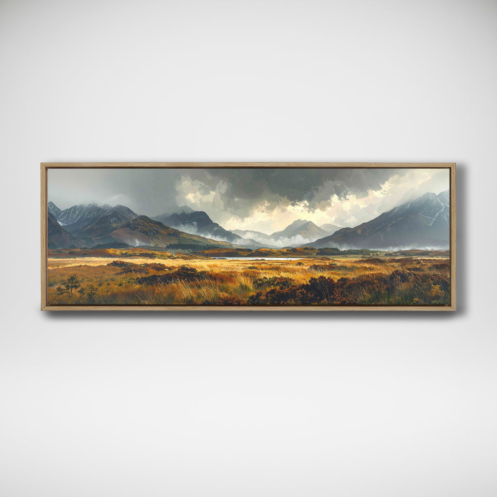Panoramic framed painting of golden Connemara moorland beneath dark mountains, drifting mist and heavy clouds.