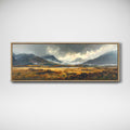 Panoramic framed painting of golden Connemara moorland beneath dark mountains, drifting mist and heavy clouds.