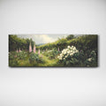 Panoramic painting of pink foxgloves, white blossoms and dense green foliage along a sunlit Irish hedgerow.