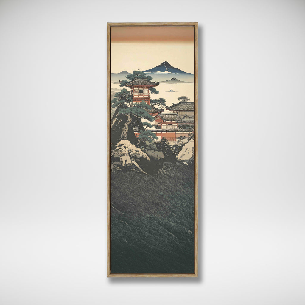 Framed vertical illustration of Japanese temples among pine trees and rocky slopes beneath a distant mountain.
