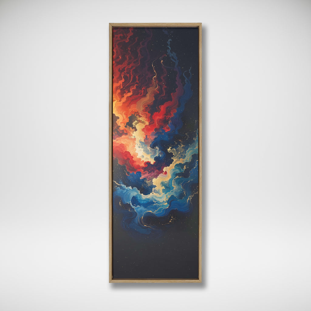 Framed vertical illustration of fiery orange, red, gold and blue clouds against a dark starry sky.