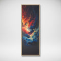 Framed vertical illustration of fiery orange, red, gold and blue clouds against a dark starry sky.