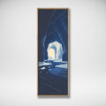 Vertical framed illustration looking through a dark blue ice cave across water towards a pale sunlit opening.